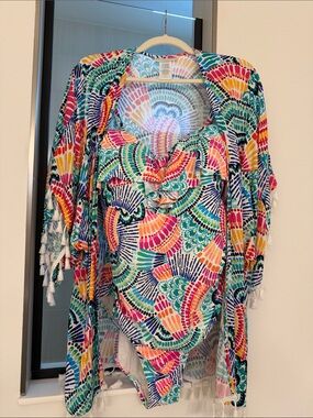La Blanca Waves Of Color Ruffled Bandeau One Piece Swimsuit w/Kimono PLUS 18W